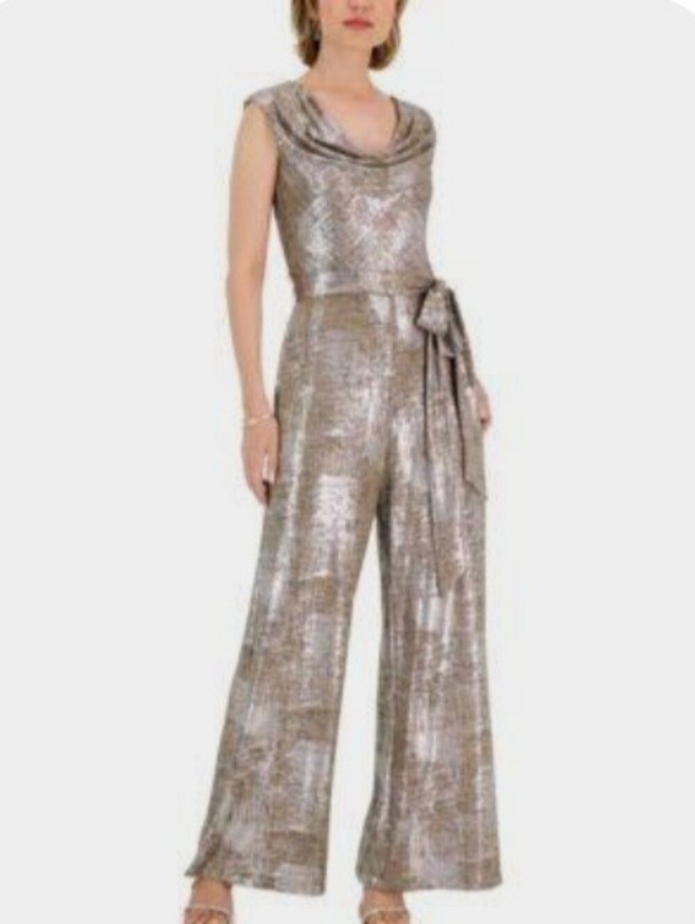 Connected apparel Silver Metallic Wide-Leg Jumpsuit with Self-Tie Belt